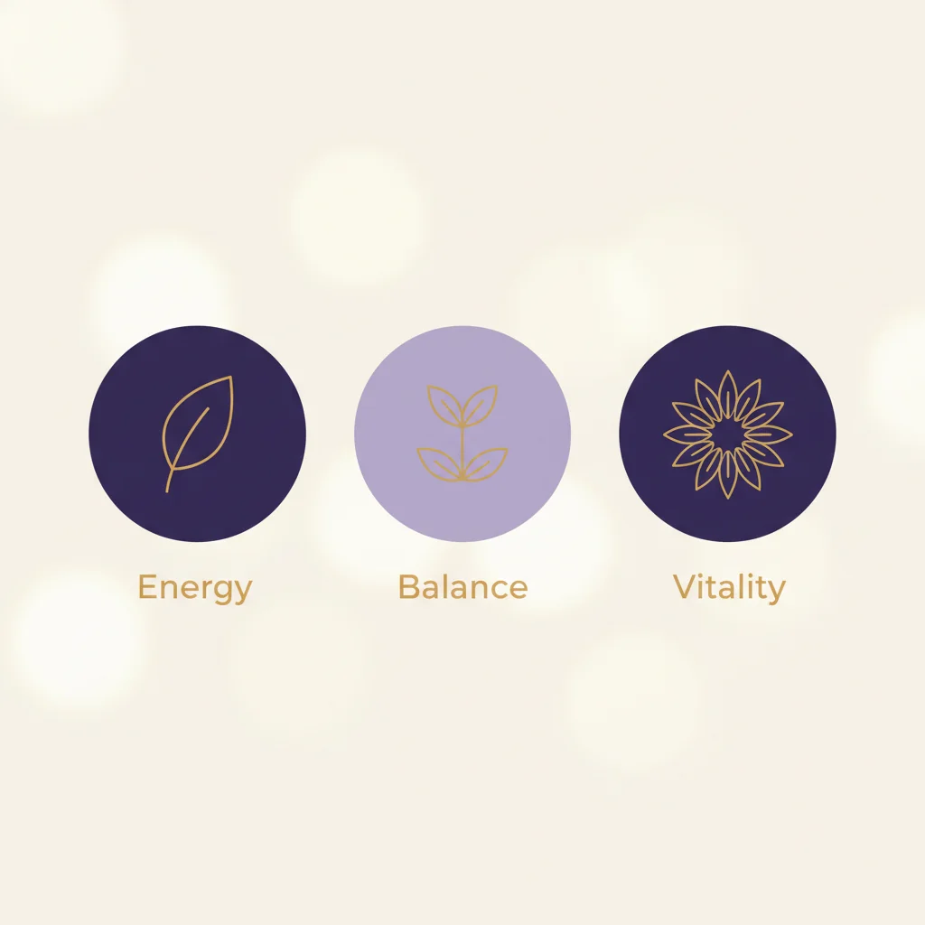 Infographic showing Energy, Balance and Vitality icons representing key ingredient benefits